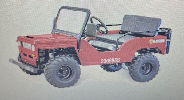 Red and black off-road utility vehicle with roll bar and open cargo bed, side view on white background
