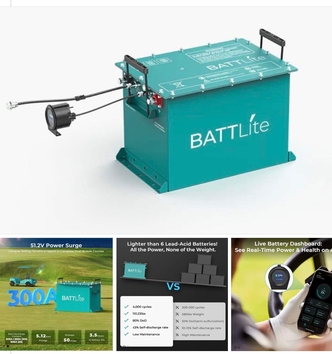Teal BattLite portable power box with handle and cables, shown with three small product promo panels below