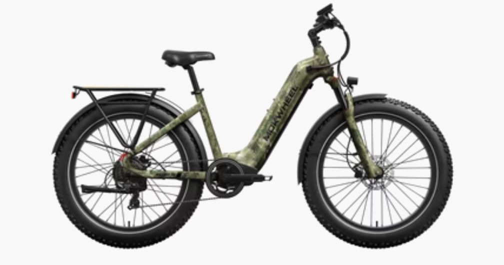 Olive green step-through electric cargo bike with rear rack and fat tires on a white background