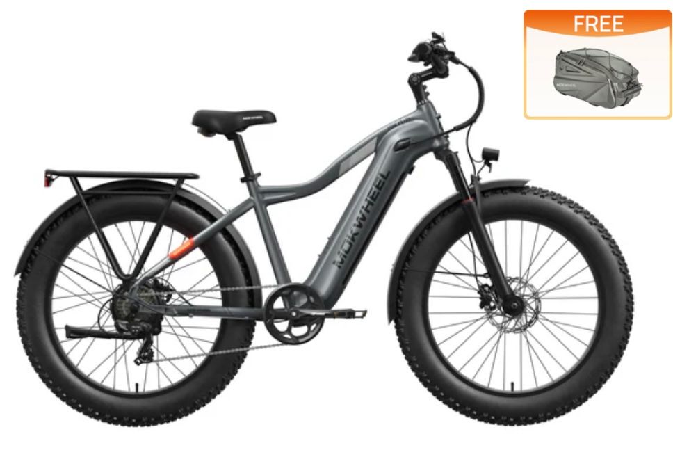 Black fat-tire electric bike on white background, with a small free bag inset in the corner