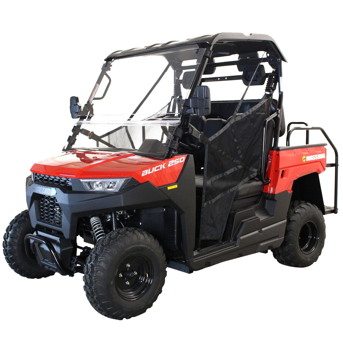 Red and black off-road utility vehicle with roll cage and cargo bed on white background
