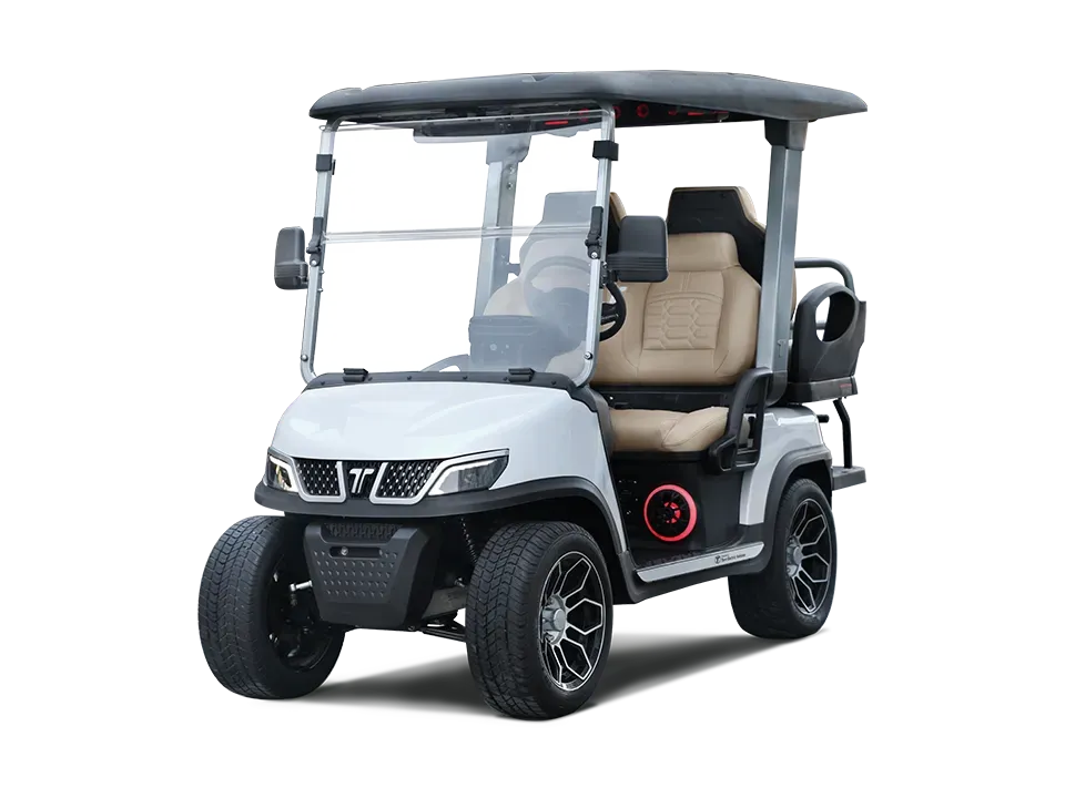 White golf cart with beige seats and black roof, shown on a white background