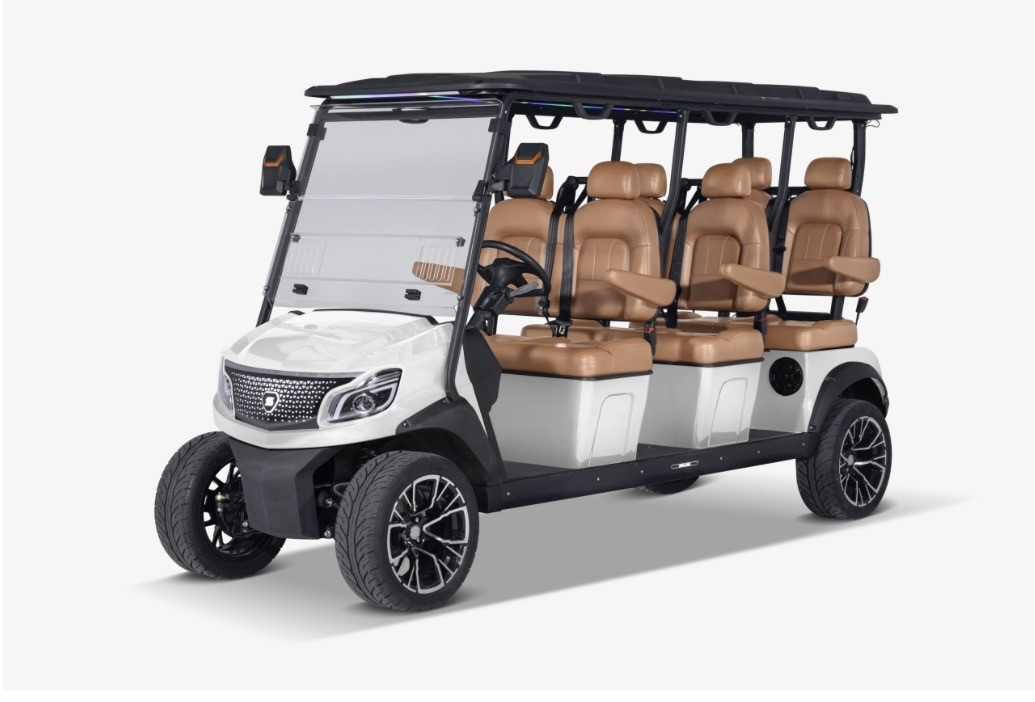 White golf cart with tan seats and black roof on a plain background