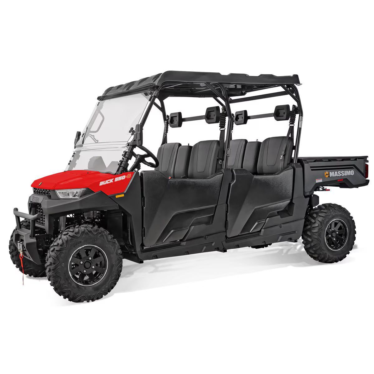 Black and red six-seat off-road utility vehicle with roll cage and windshield
