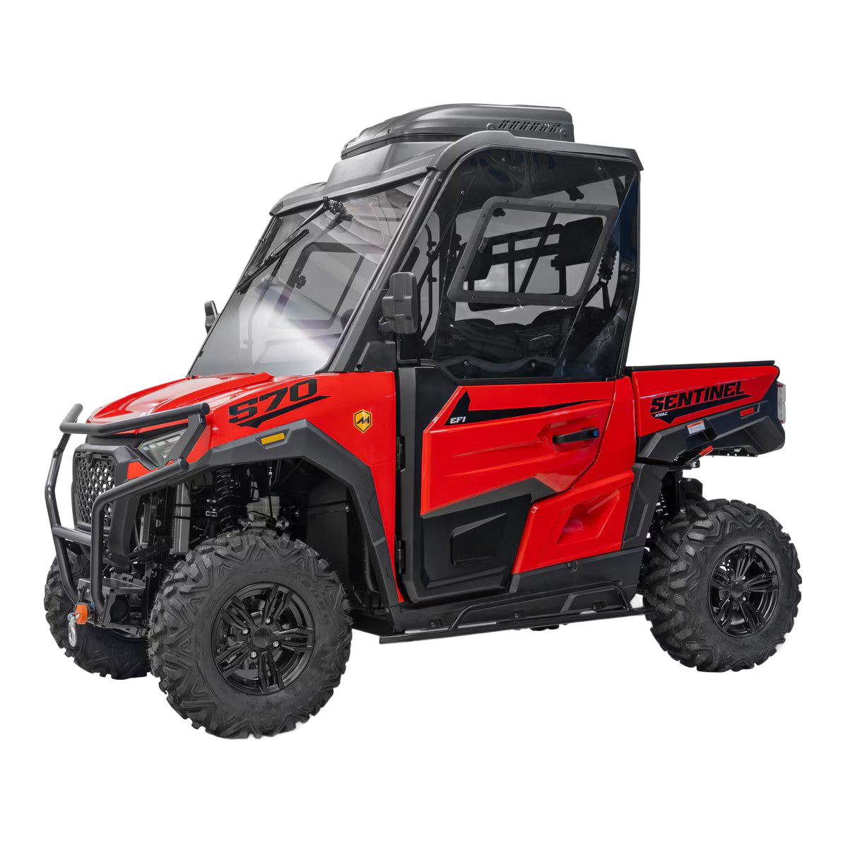 Red and black off-road side-by-side utility vehicle with roll cage and rugged tires on white background