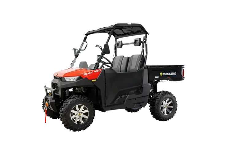 Black utility side-by-side ATV with red hood and roll cage on a white background