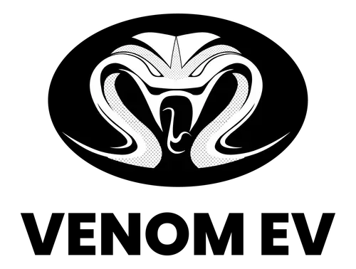 Black-and-white Venom EV logo with stylized snake head above bold “VENOM EV” text