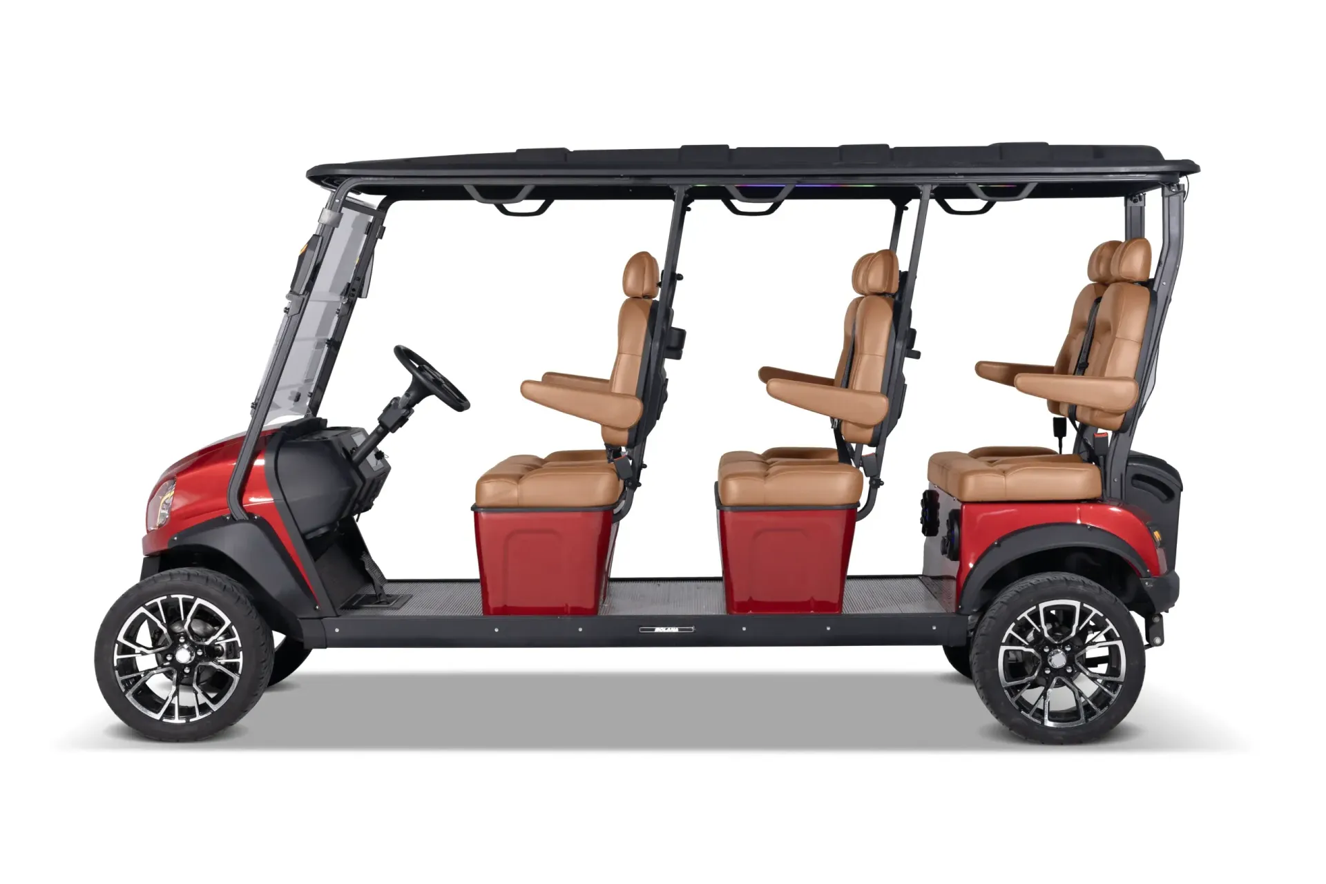Side view of a red six-seat golf cart with tan seats on a white background