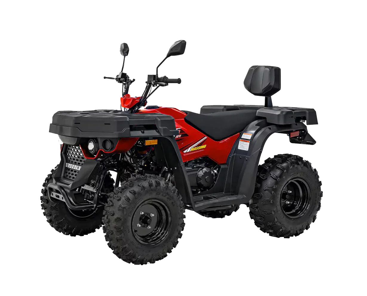 Red four-wheeler ATV with black cargo racks, knobby tires, and a backrest, isolated on white background