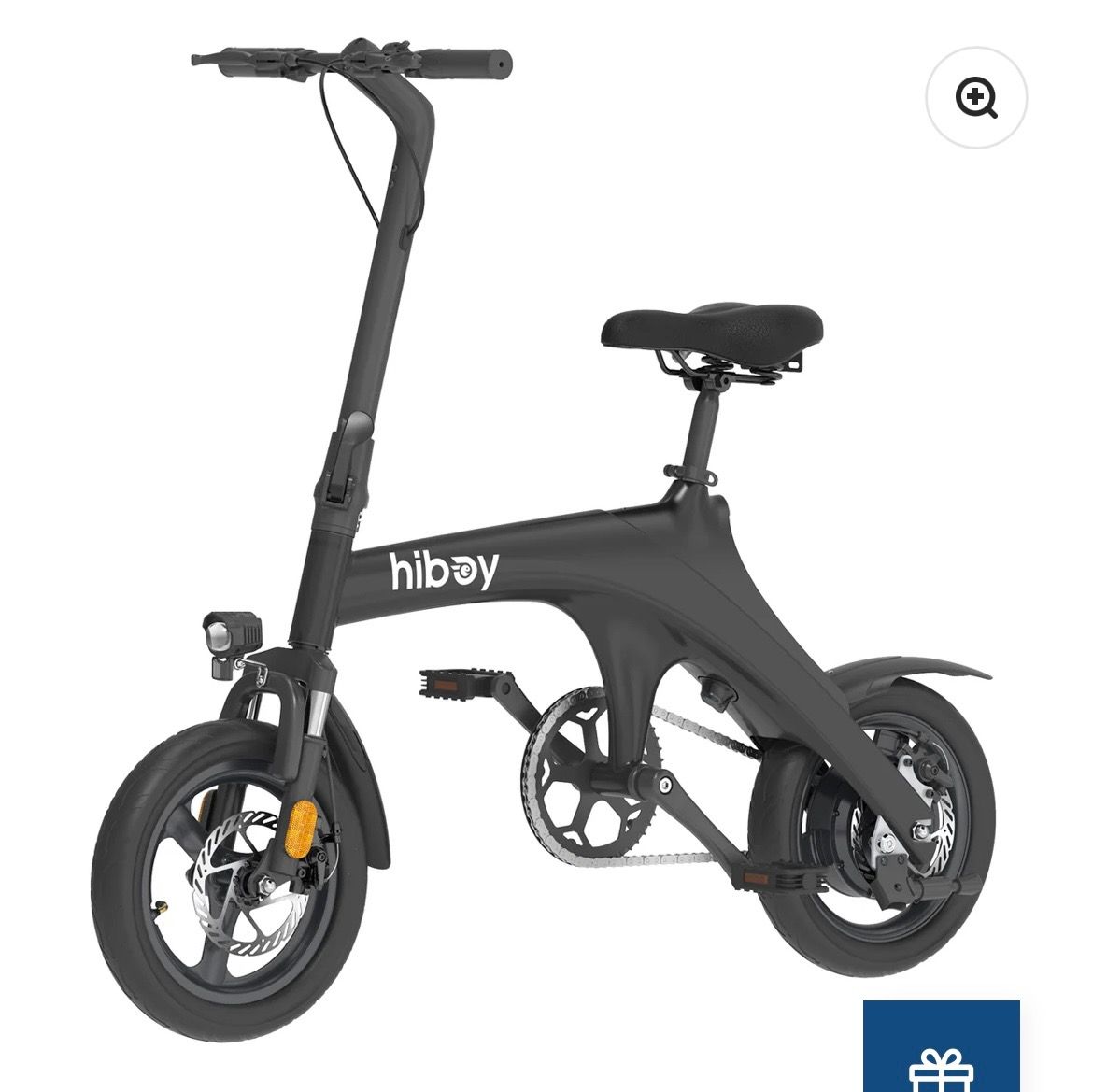 Black folding electric bike with small wheels and a rear seat, shown on a white background