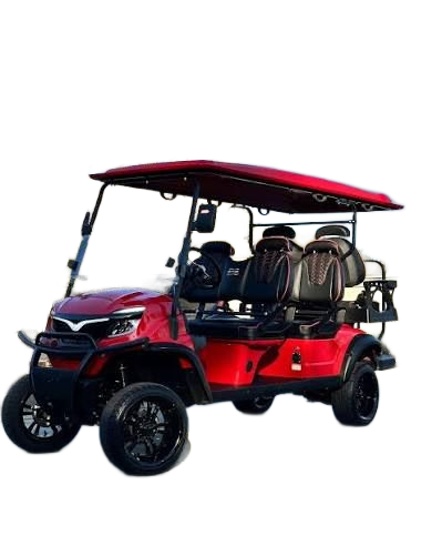 Blue six-seat golf cart with black roof, windshield, and seats on a white background