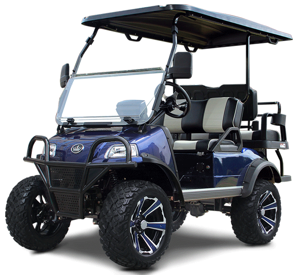 Blue golf cart with black roof and off-road tires, shown on a white background.