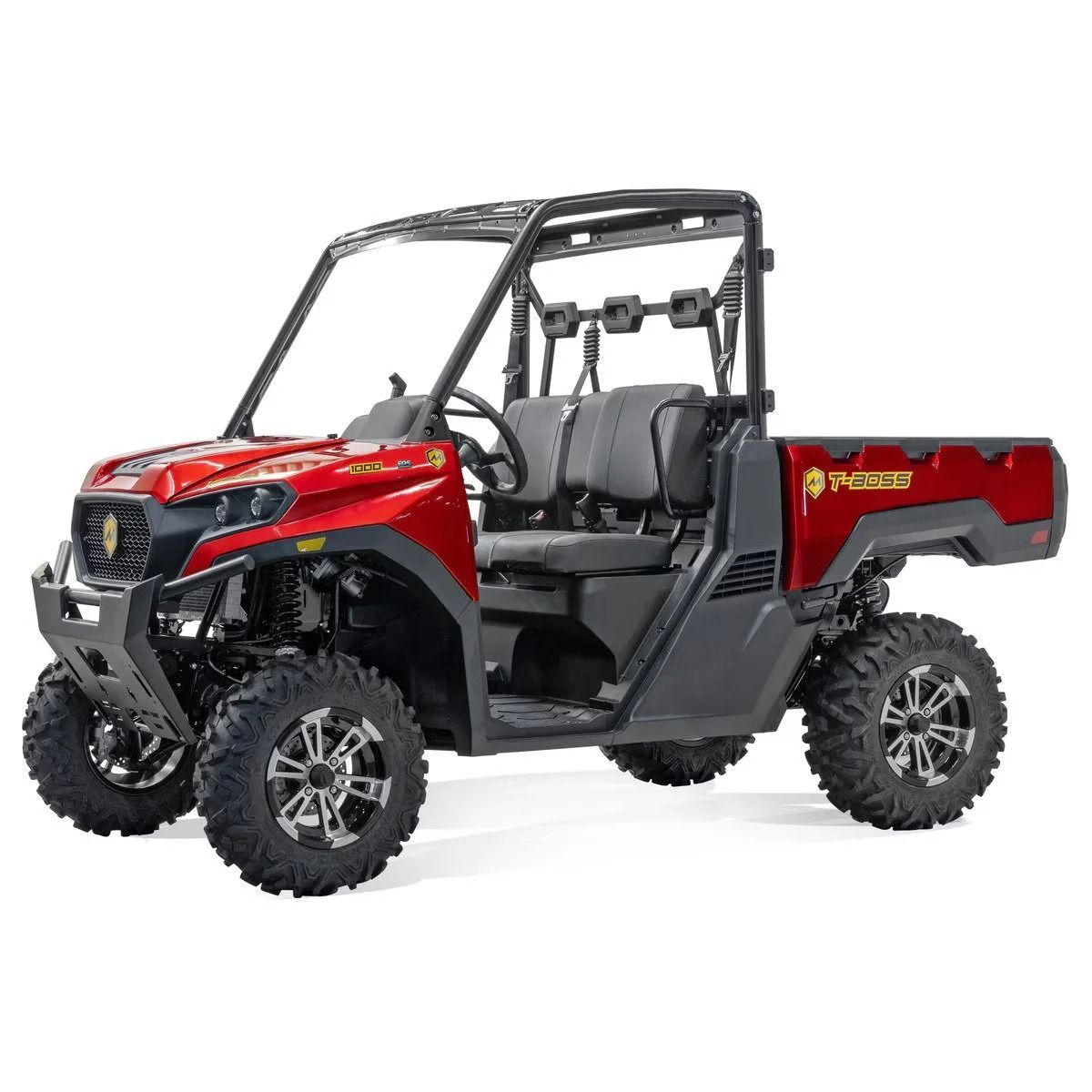 Red off-road utility truck with roll cage, black trim, and large tires on a white background