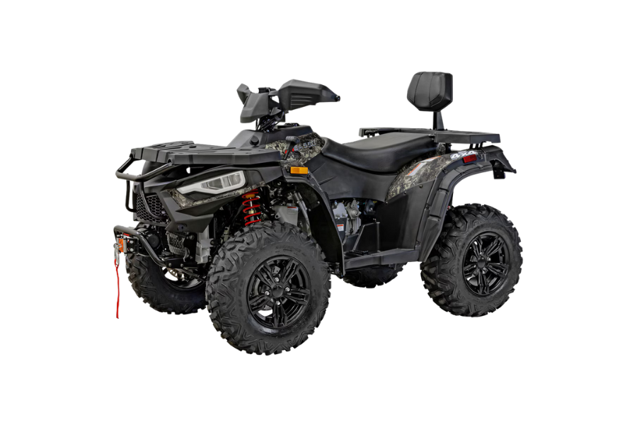 Black all-terrain ATV with a front winch and rear backrest on a white background