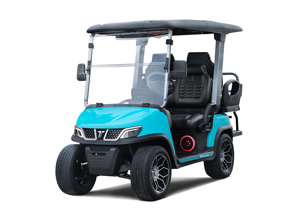 Blue and black electric golf cart with a roof and windshield on a white background