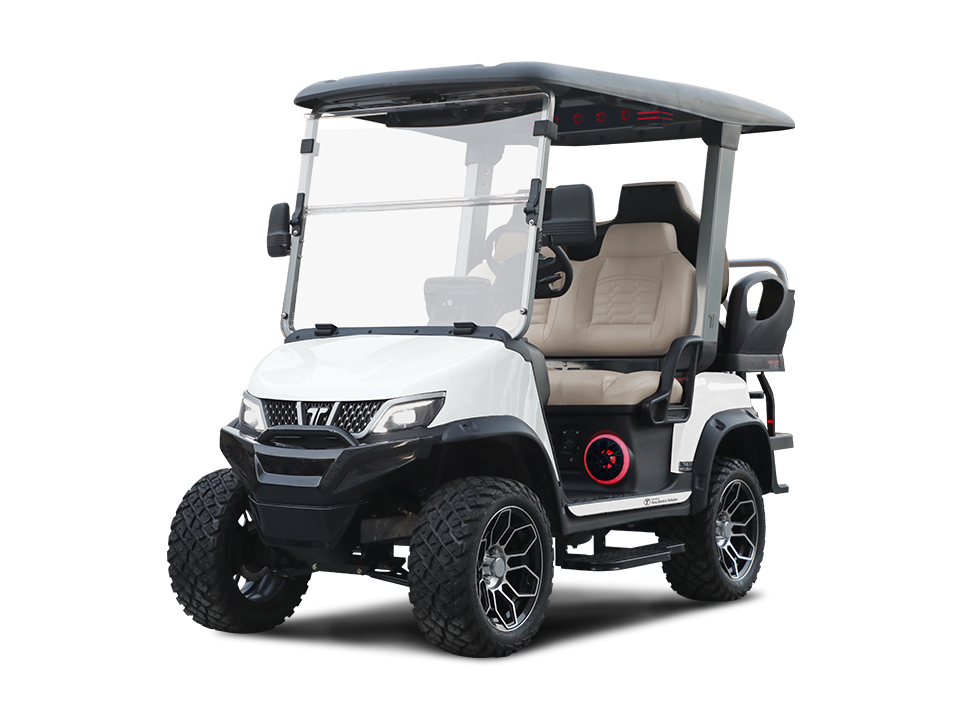 Black and white golf cart with clear windshield and tan seats on a white background