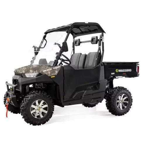 Black off-road utility vehicle with roll cage, windshield, and rugged tires on white background