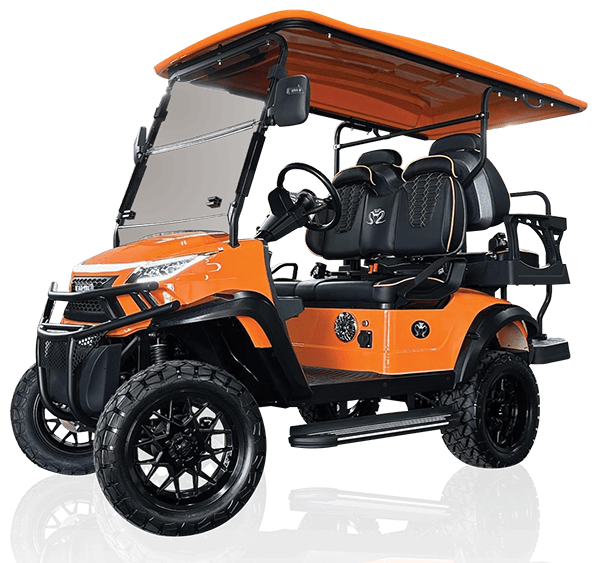 Orange and black golf cart with roof and black seats, shown on a white background