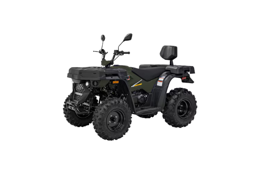 Black all-terrain quad bike with raised seat and handlebars on a white background