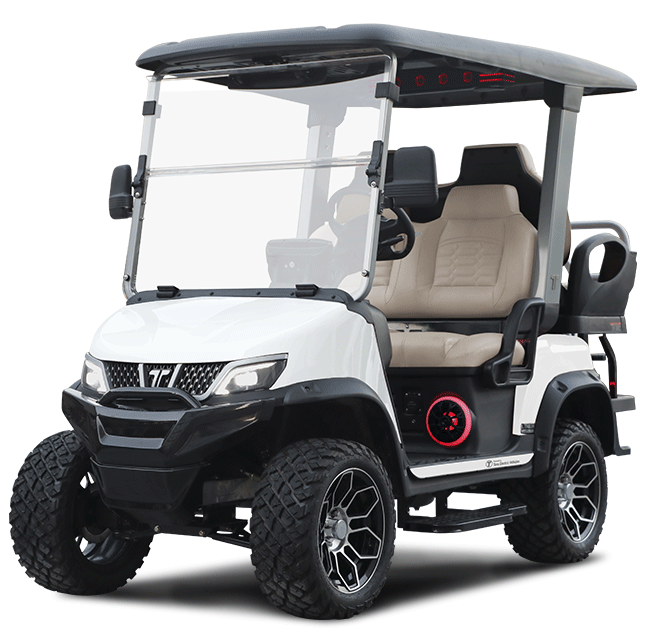 White four-seat golf cart with black roof and beige seats on a white background