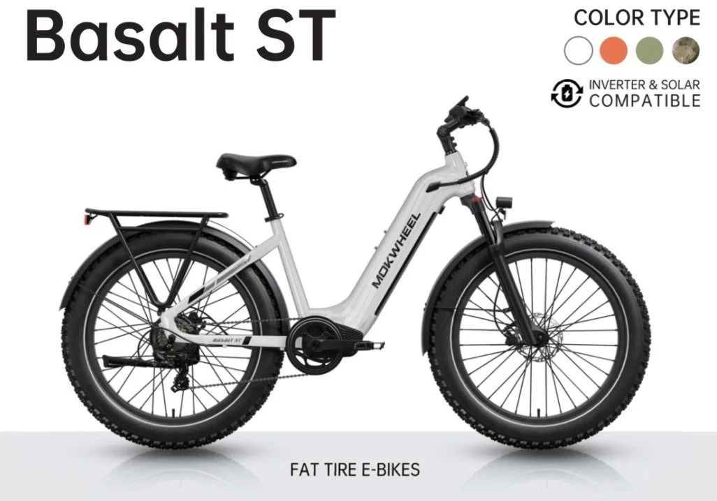 White Fat Tire E-Bike labeled “Basalt ST” on a white background with color options shown