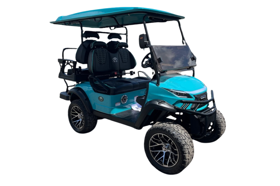 Blue two-seat golf cart with roof and windshield on white background