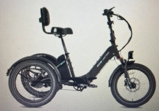 Black three-wheeled recumbent trike with seat and handlebars on a plain white background