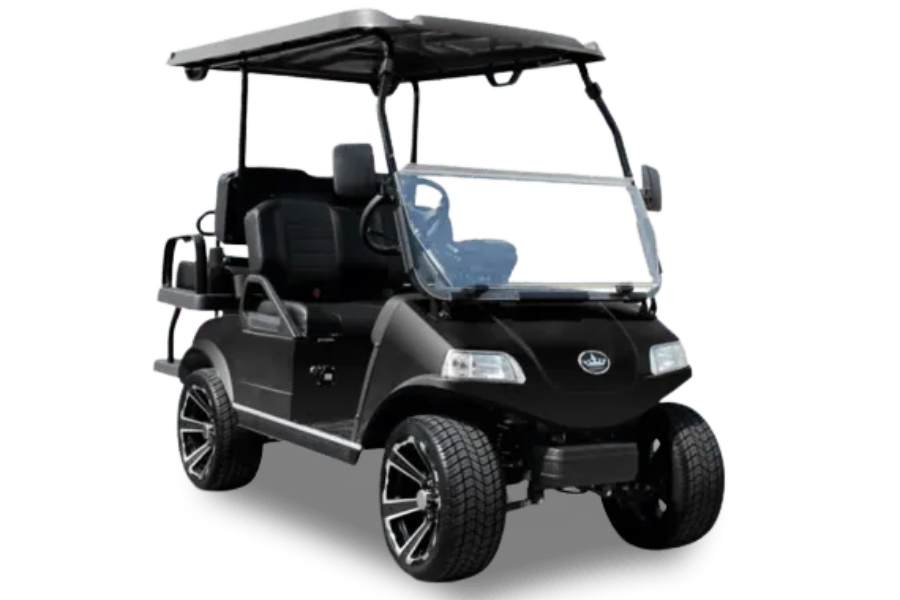 Black electric golf cart with roof and windshield on a white background