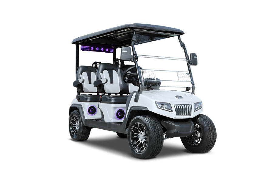 White electric golf cart with black roof and seats, shown on a white background