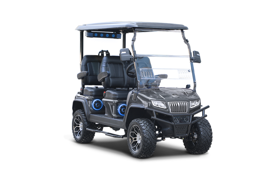 Black four-seat utility golf cart with roof and windshield, shown on a white background