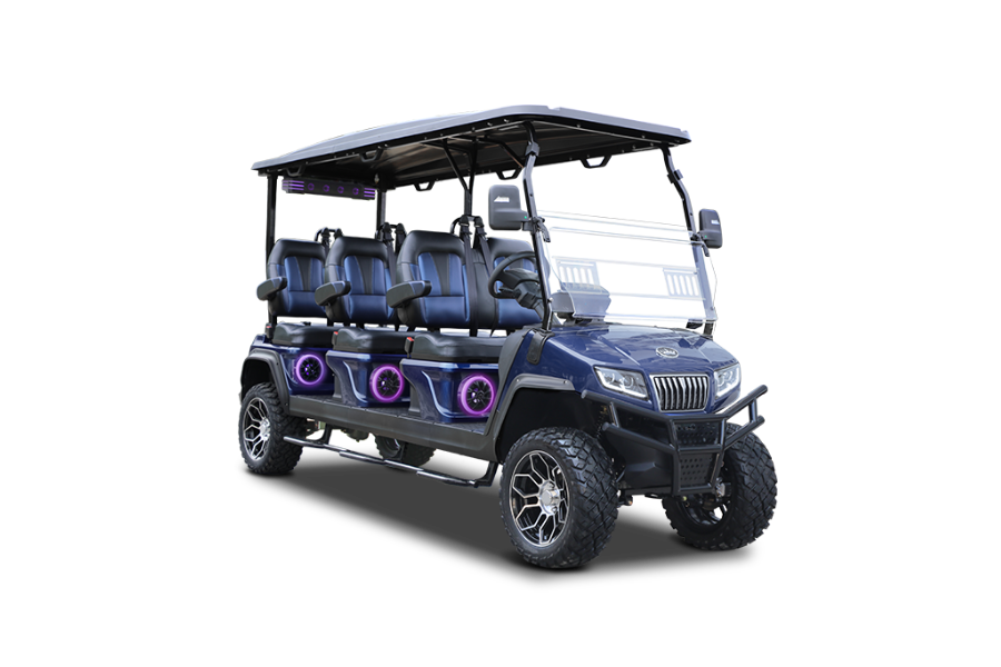 Black six-seat golf cart with purple accents and roof canopy on a white background