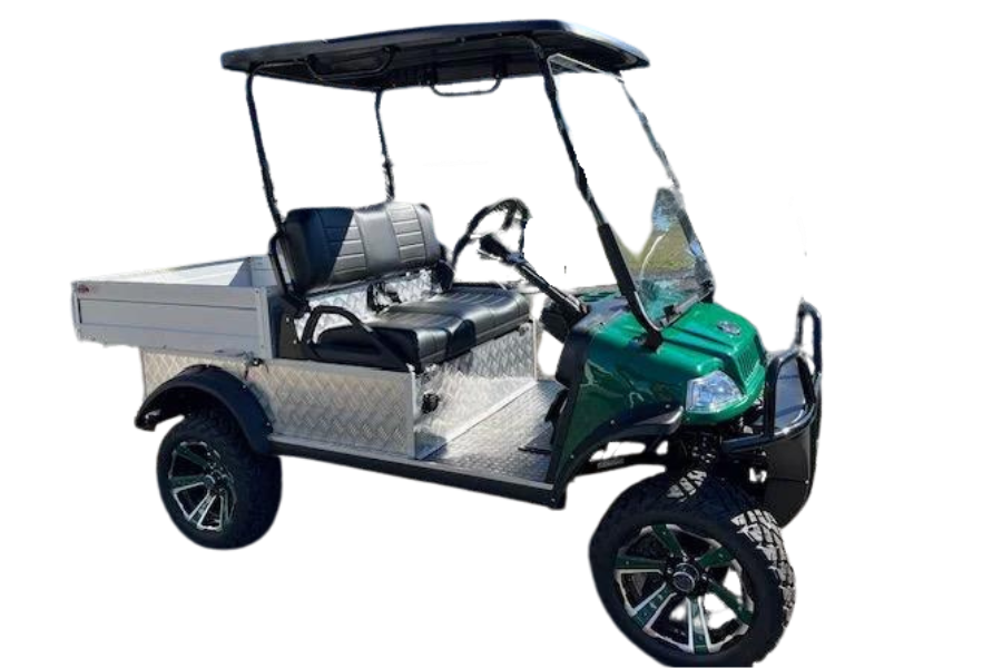Green and silver four-seat golf cart with black roof and off-road tires on a white background