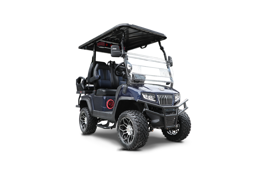 Black and gray off-road utility vehicle with roof canopy on white background