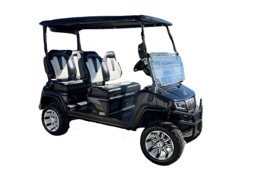 Black six-seat electric golf cart with roof and windshield, shown on a white background