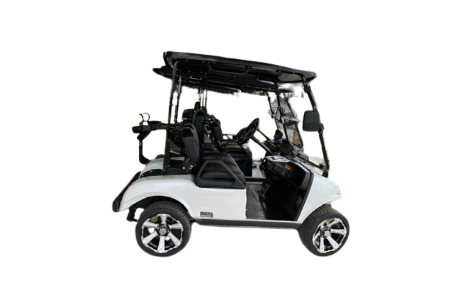White golf cart with black roof and seats, shown in side view on a white background