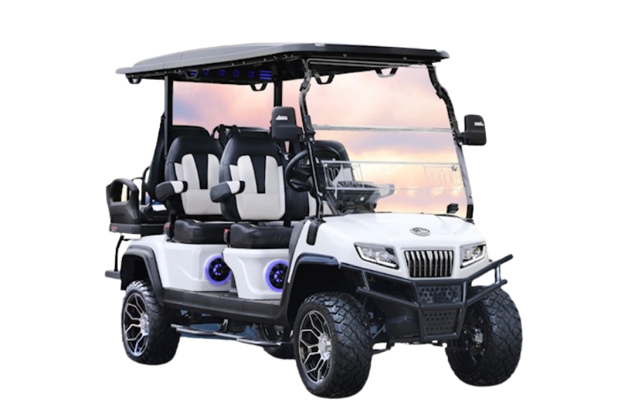 White and black off-road golf cart with four seats and roof, shown on a white background