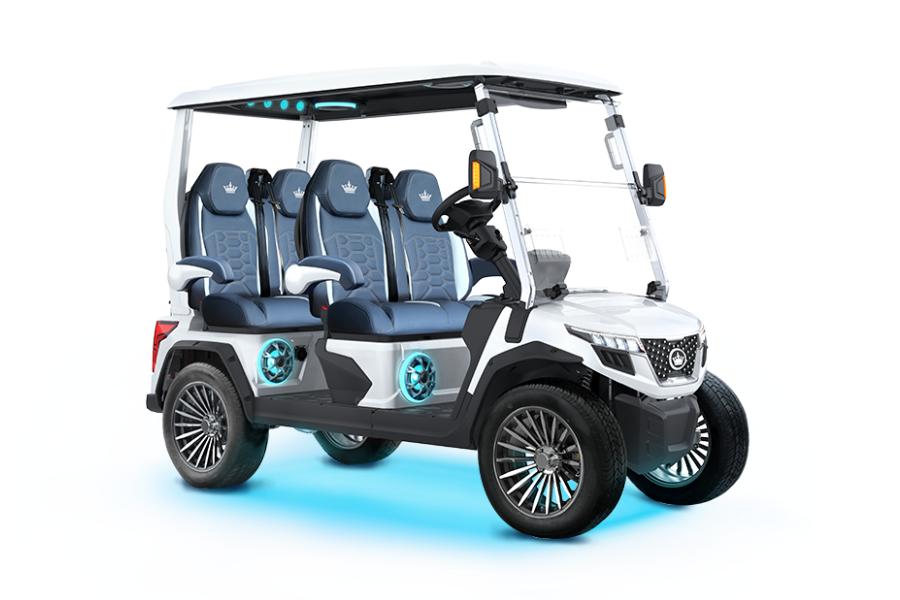 White four-seat electric golf cart with canopy and black wheels on a white background