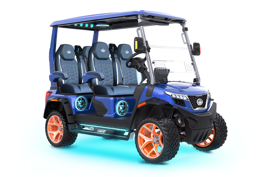 Blue and black four-seat golf cart with orange wheels on a white background