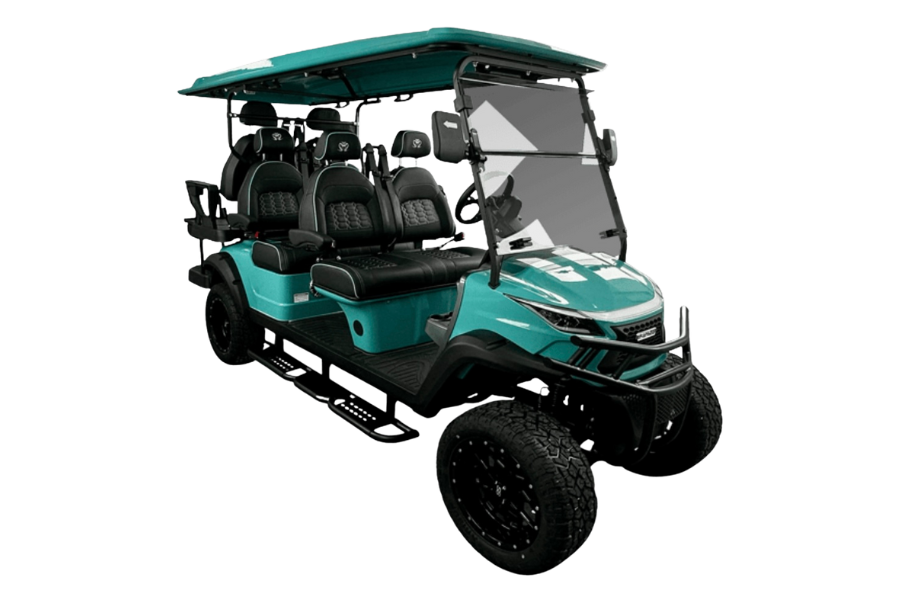 Teal and black golf cart with roof and rear seats, isolated on white background