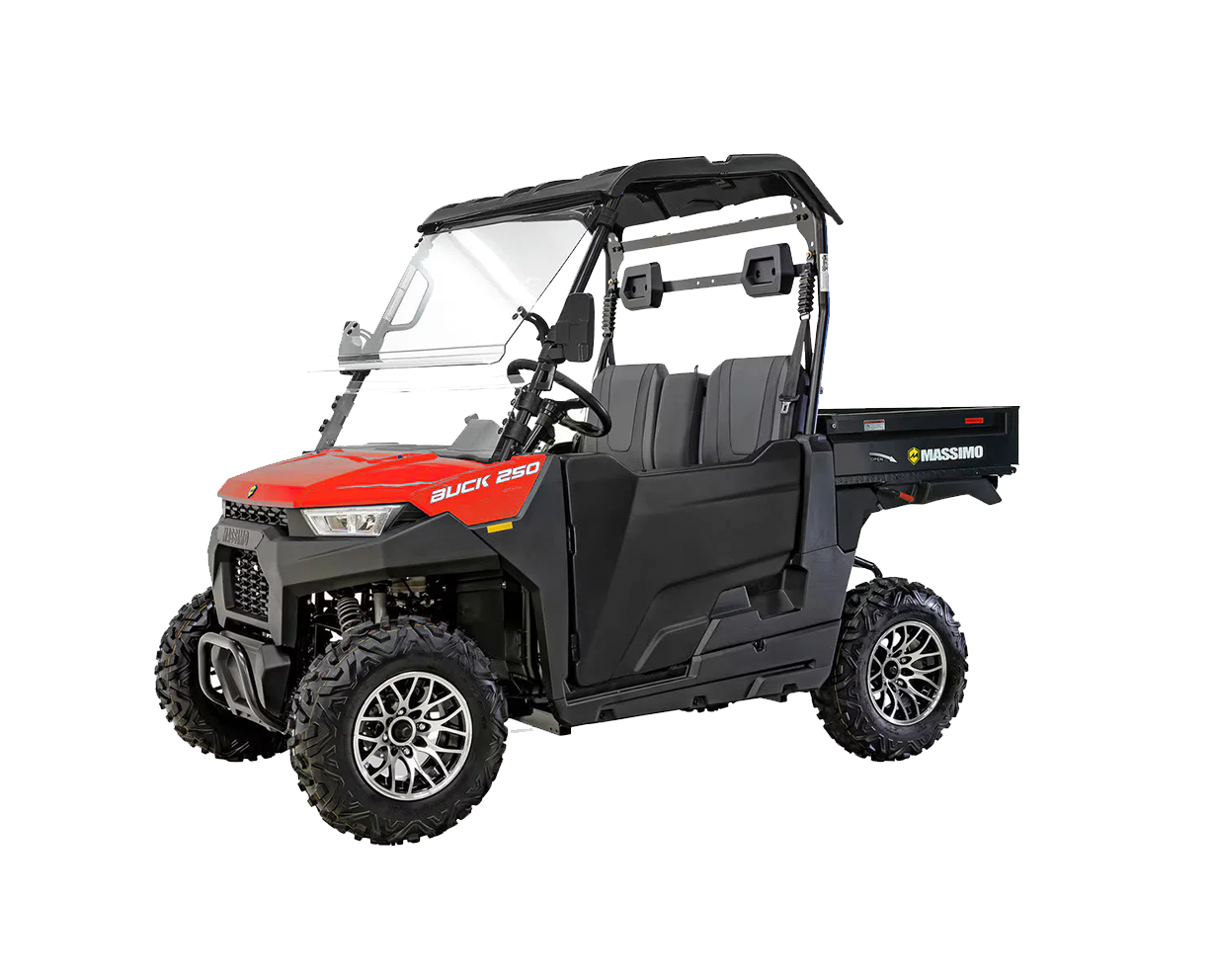 Black and red off-road utility vehicle with roll cage and cargo bed on white background