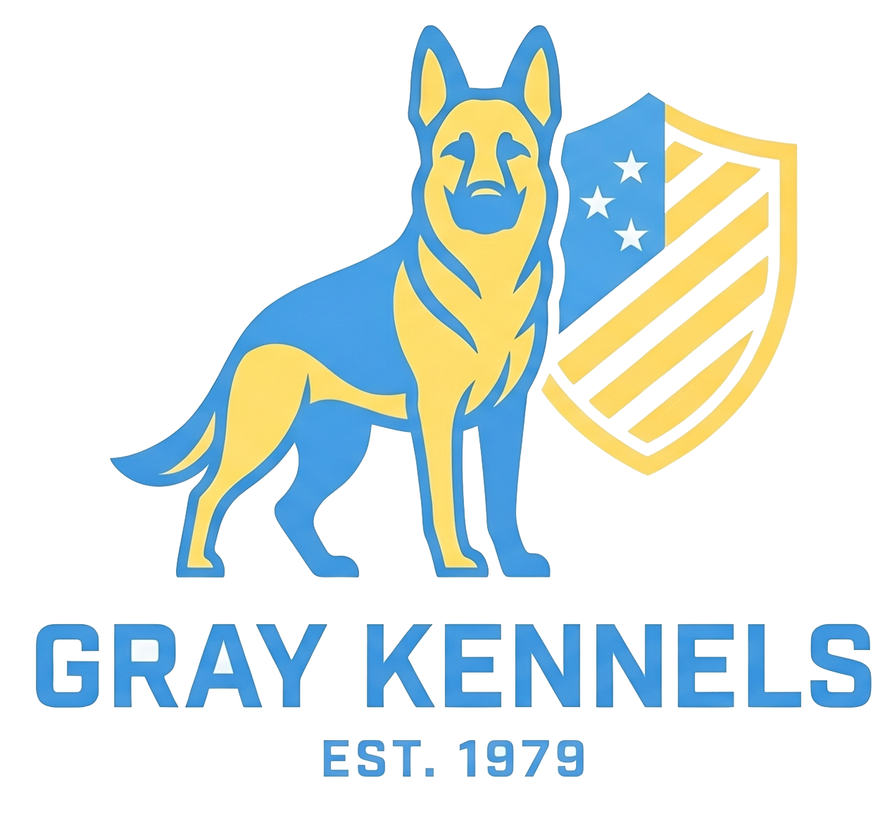 Gray and yellow German shepherd logo with shield and text “GRAY KENNELS EST. 1979”