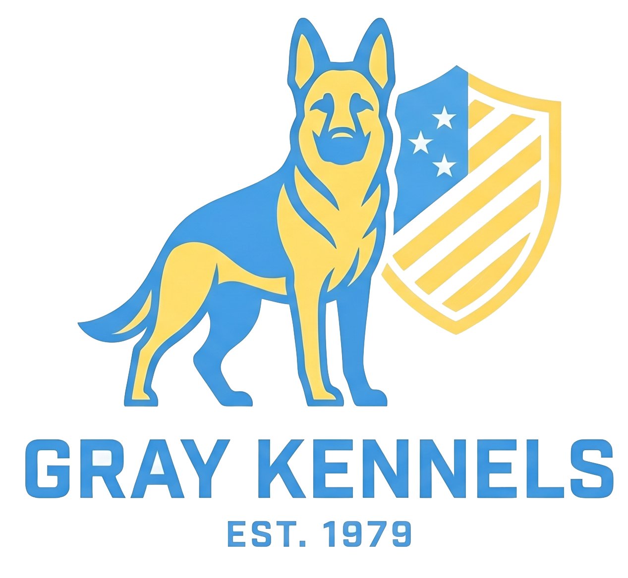 Gray and yellow logo of a German shepherd with shield, reading “GRAY KENNELS EST. 1979”