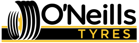 Logo for O'Neills Tyres with black text, a yellow and black tyre icon, and horizontal gold bars on a black background.