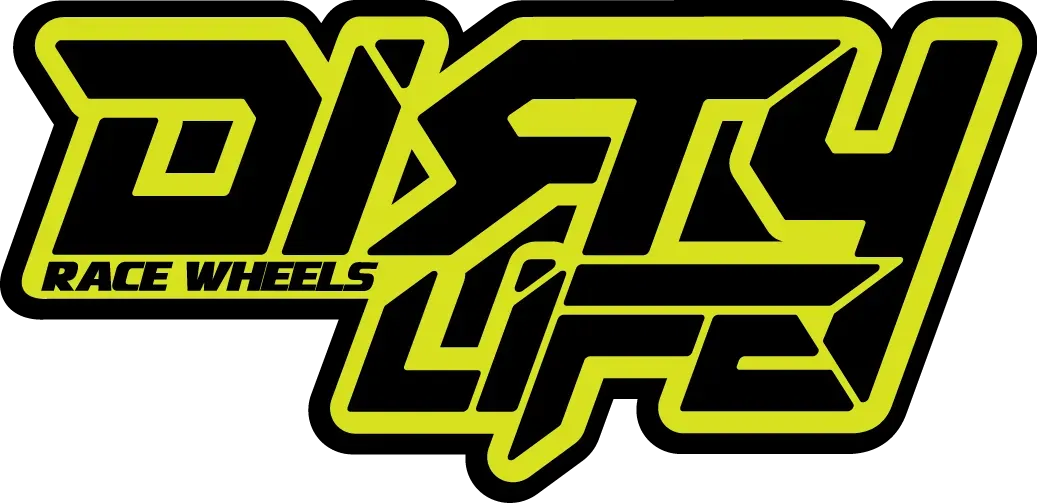 Logo for Dirty Life Race Wheels, featuring the brand name in black stylized lettering with a bright yellow outline.