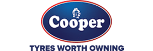 The Cooper Tires logo, featuring white text inside a blue oval with a red border, above the slogan