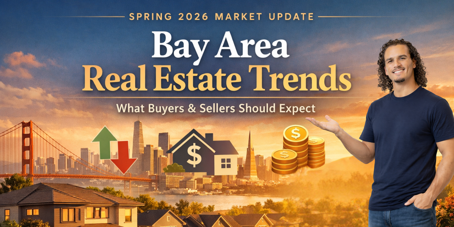 Bay Area real estate trends graphic with skyline, arrows, money icons, and a smiling man in a navy shirt