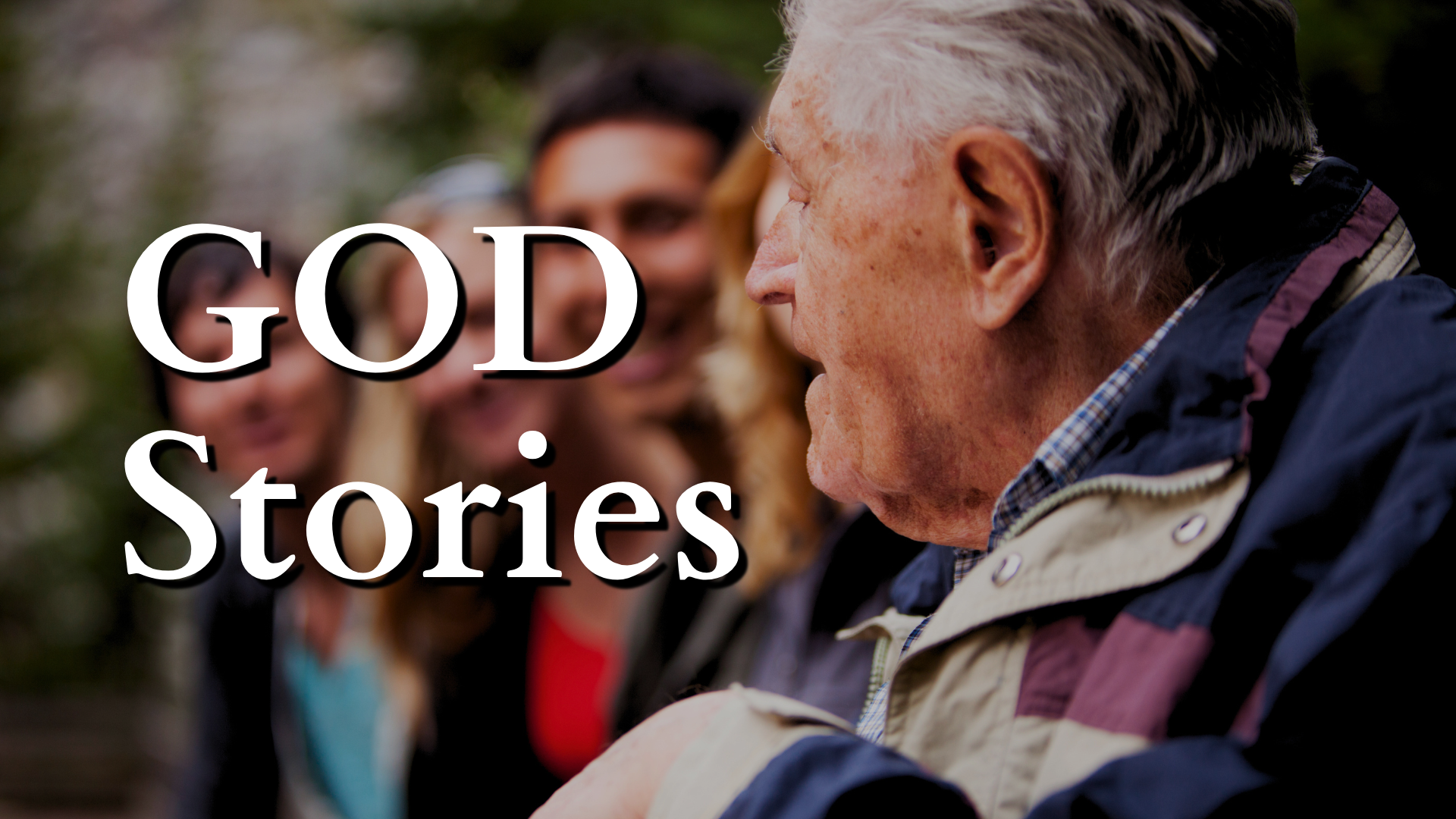 Two people talking in close-up with “GOD Stories” text overlay on the left