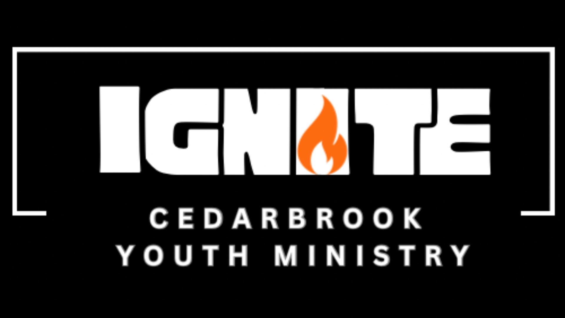 Ignite Cedarbrook Youth Ministry logo with white text and orange flame on black background.