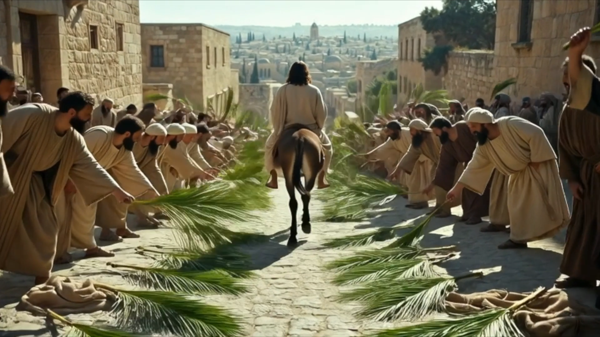 Jesus riding a donkey down a stone street, welcomed by a crowd spreading palm branches and cloaks on the ground.