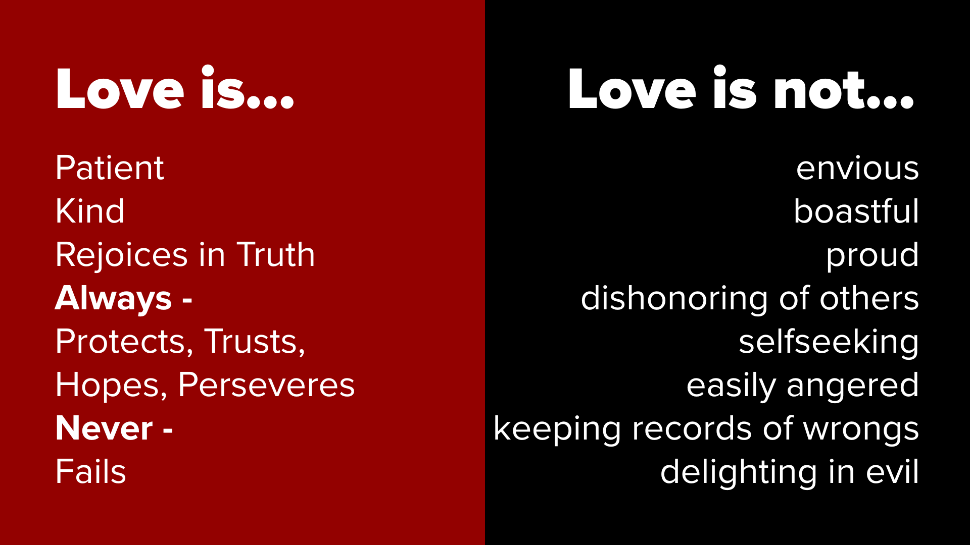 Red and black text lists describing what love is and is not, including patience, kindness, and truth.